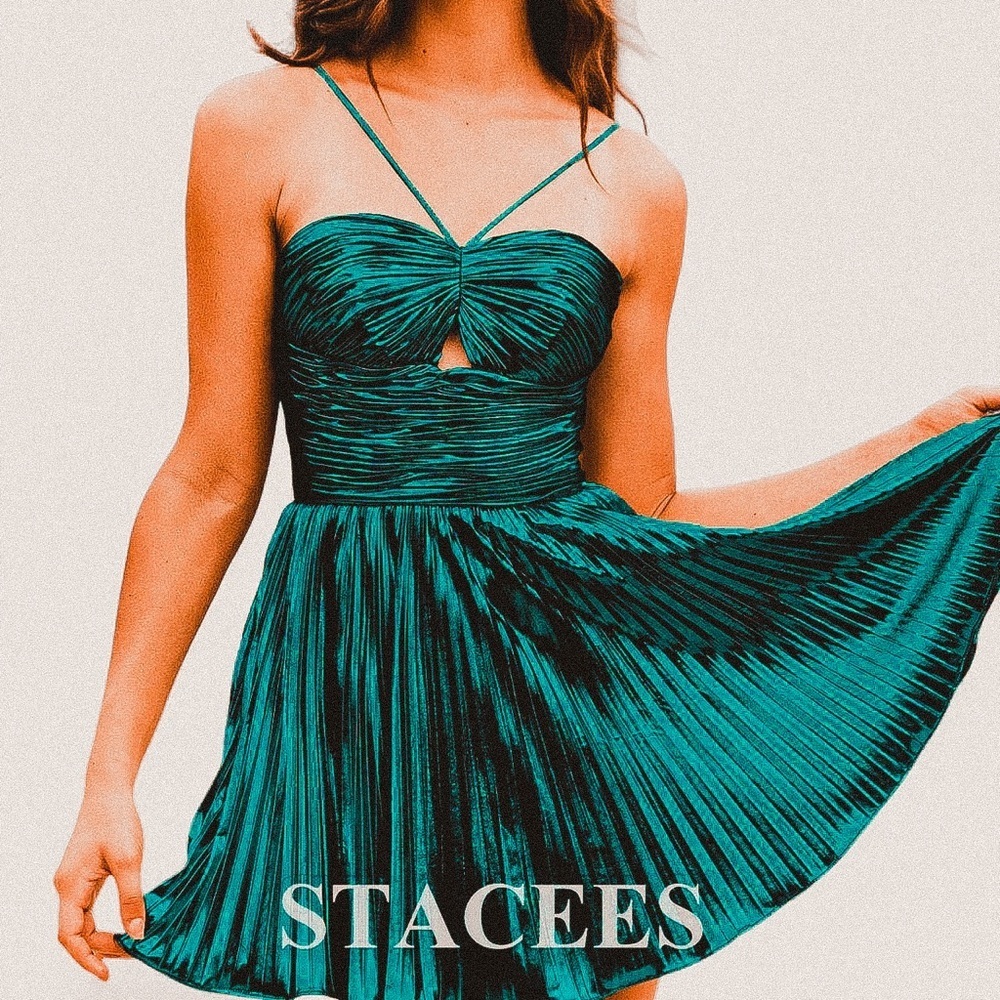 NEW Stacees A-line teal green emerald Metallic Pleated mini dress size 4 formal